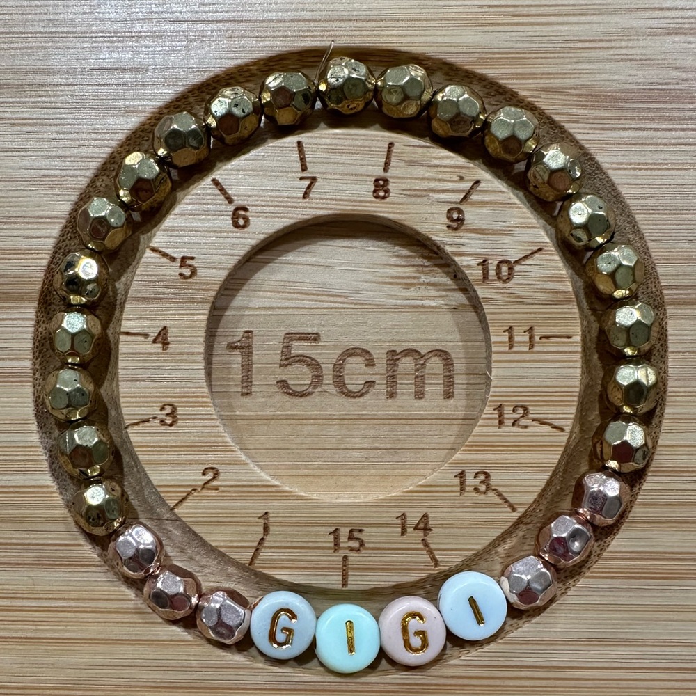 Gigi Stretch Bracelet – Gold & Rose Gold Faceted Beads with Pastel Letter - Picture 3 of 4